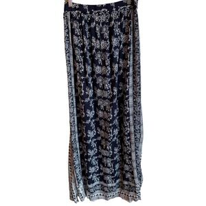 Raga Boho Maxi Skirt Size XS Navy‎ Blue Floral Double Slit Elastic Waist